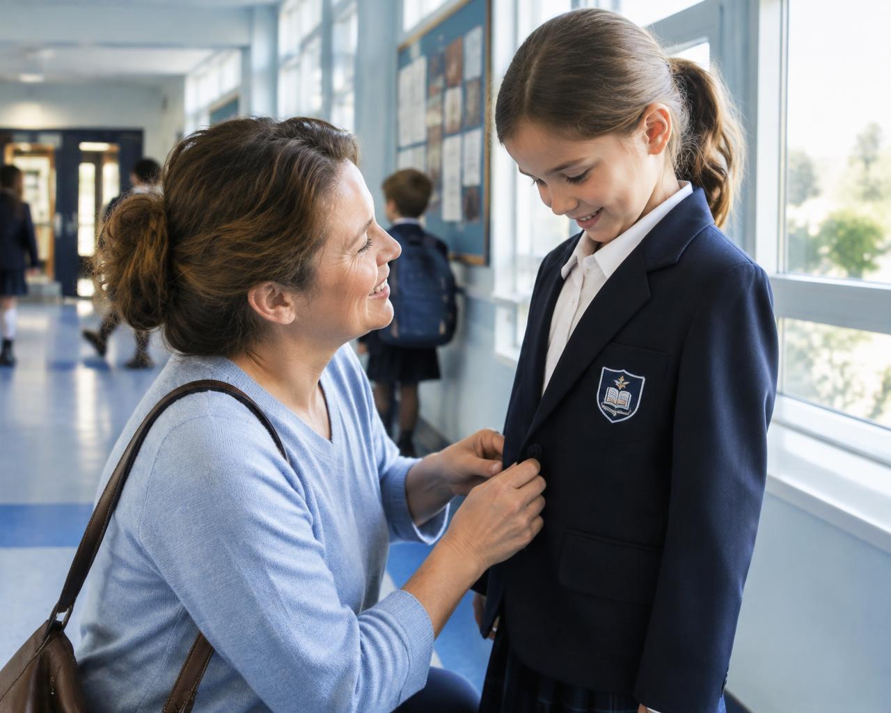 Parent fitting a pre-owned school blazer